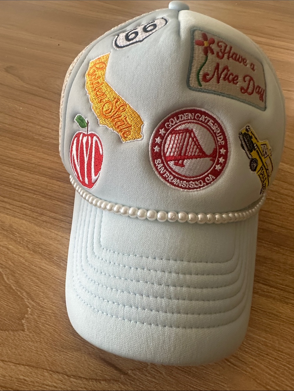 Anthropologie light Blue Patchwork Pearl Trim Baseball Cap